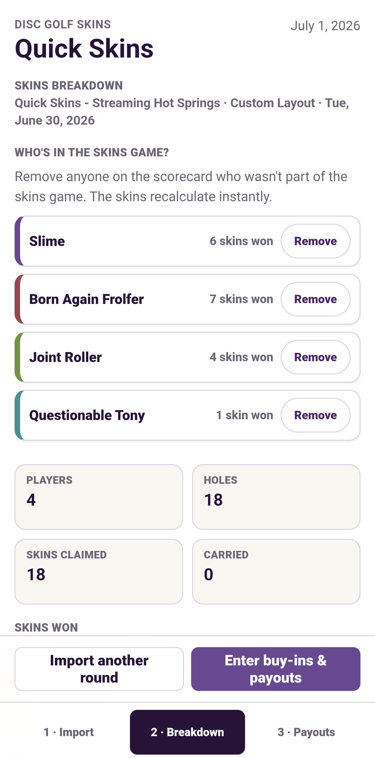Quick Skins breakdown with all four players from the UDisc scorecard in the skins game