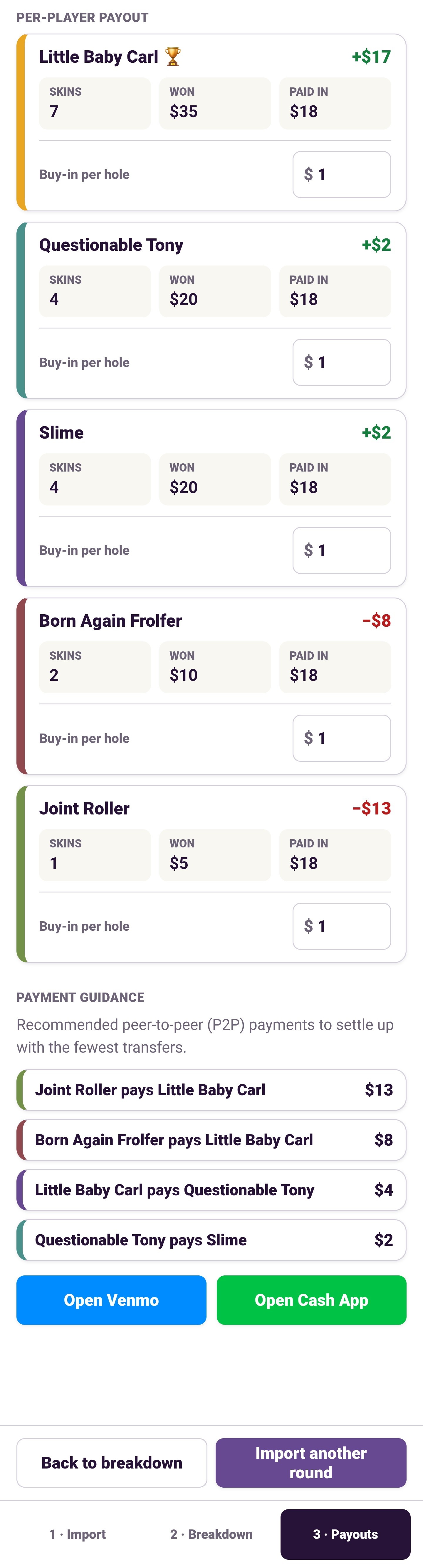 Quick Skins payouts screen showing per-player winnings and recommended peer-to-peer payments, with Venmo and Cash App buttons