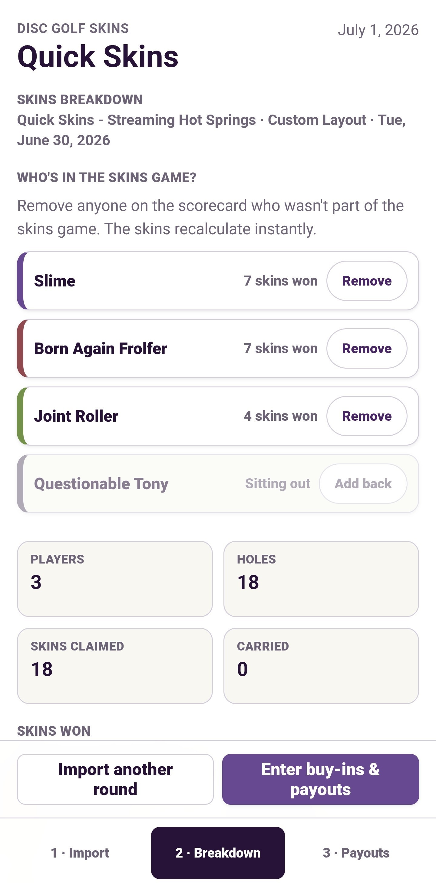 The same round with one player marked as sitting out and the skins instantly recalculated for three players
